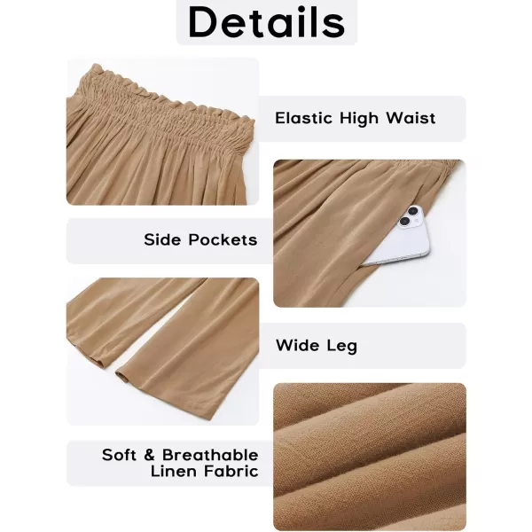 GRAPENT Capri Pants for Women High Waisted Wide Leg Linen Palazzo Trousers Pull On Elastic Smock Waist Loose Flowy PantsDark Khaki