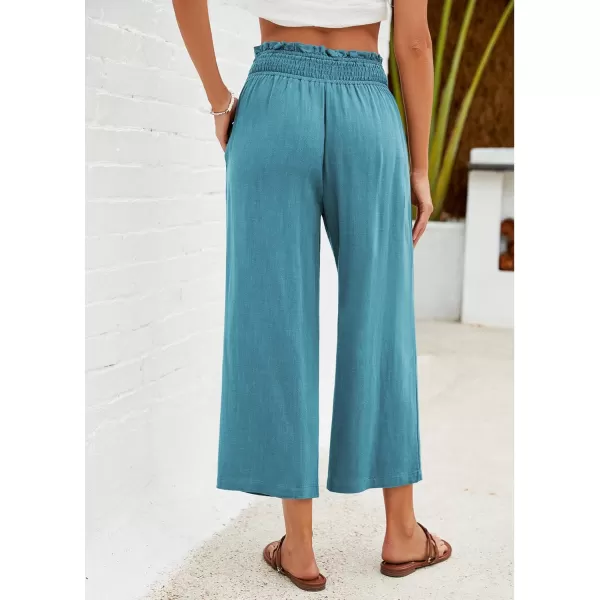 GRAPENT Capri Pants for Women High Waisted Wide Leg Linen Palazzo Trousers Pull On Elastic Smock Waist Loose Flowy PantsLake