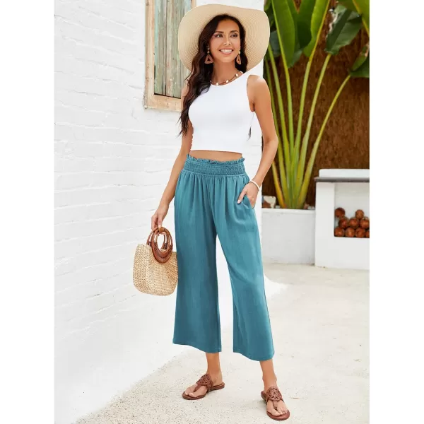 GRAPENT Capri Pants for Women High Waisted Wide Leg Linen Palazzo Trousers Pull On Elastic Smock Waist Loose Flowy PantsLake