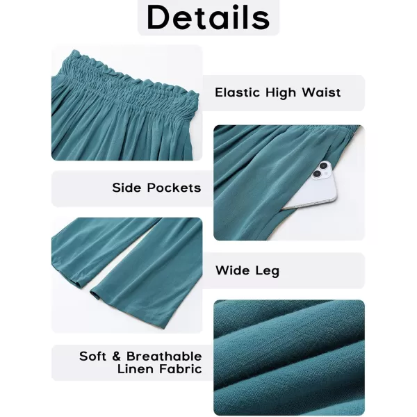 GRAPENT Capri Pants for Women High Waisted Wide Leg Linen Palazzo Trousers Pull On Elastic Smock Waist Loose Flowy PantsLake