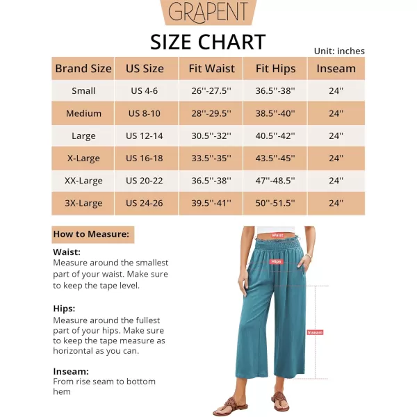 GRAPENT Capri Pants for Women High Waisted Wide Leg Linen Palazzo Trousers Pull On Elastic Smock Waist Loose Flowy PantsLake