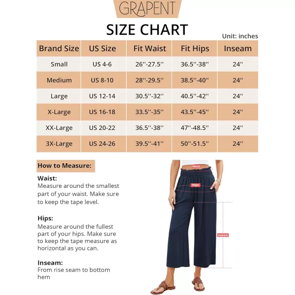 GRAPENT Capri Pants for Women High Waisted Wide Leg Linen Palazzo Trousers Pull On Elastic Smock Waist Loose Flowy PantsNavy Blue