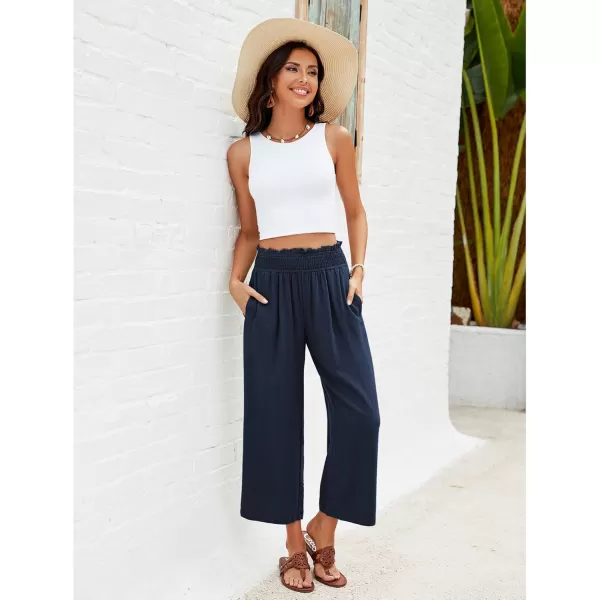 GRAPENT Capri Pants for Women High Waisted Wide Leg Linen Palazzo Trousers Pull On Elastic Smock Waist Loose Flowy PantsNavy Blue