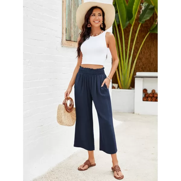 GRAPENT Capri Pants for Women High Waisted Wide Leg Linen Palazzo Trousers Pull On Elastic Smock Waist Loose Flowy PantsNavy Blue