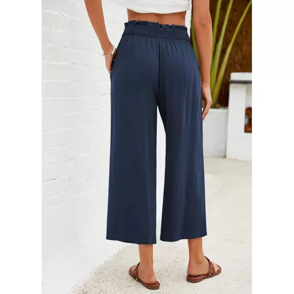 GRAPENT Capri Pants for Women High Waisted Wide Leg Linen Palazzo Trousers Pull On Elastic Smock Waist Loose Flowy PantsNavy Blue