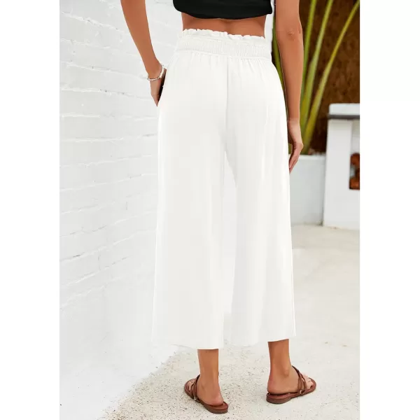 GRAPENT Capri Pants for Women High Waisted Wide Leg Linen Palazzo Trousers Pull On Elastic Smock Waist Loose Flowy PantsOffwhite
