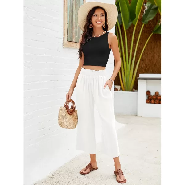 GRAPENT Capri Pants for Women High Waisted Wide Leg Linen Palazzo Trousers Pull On Elastic Smock Waist Loose Flowy PantsOffwhite