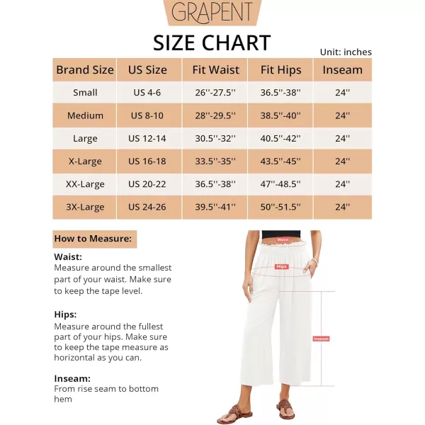 GRAPENT Capri Pants for Women High Waisted Wide Leg Linen Palazzo Trousers Pull On Elastic Smock Waist Loose Flowy PantsOffwhite