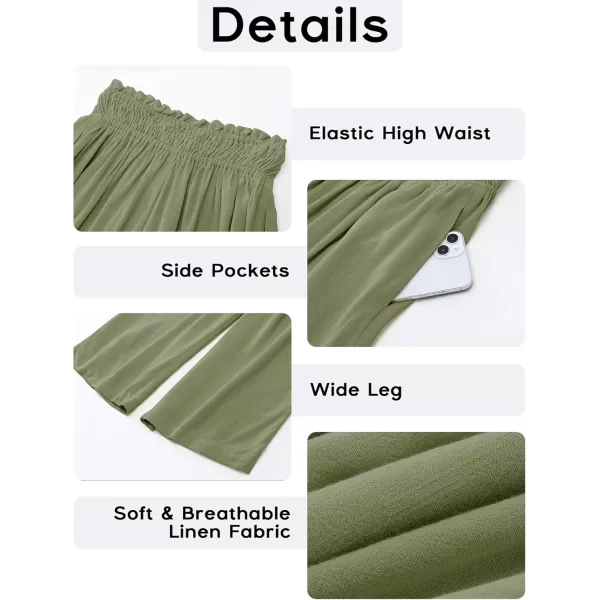 GRAPENT Capri Pants for Women High Waisted Wide Leg Linen Palazzo Trousers Pull On Elastic Smock Waist Loose Flowy PantsOlive Green
