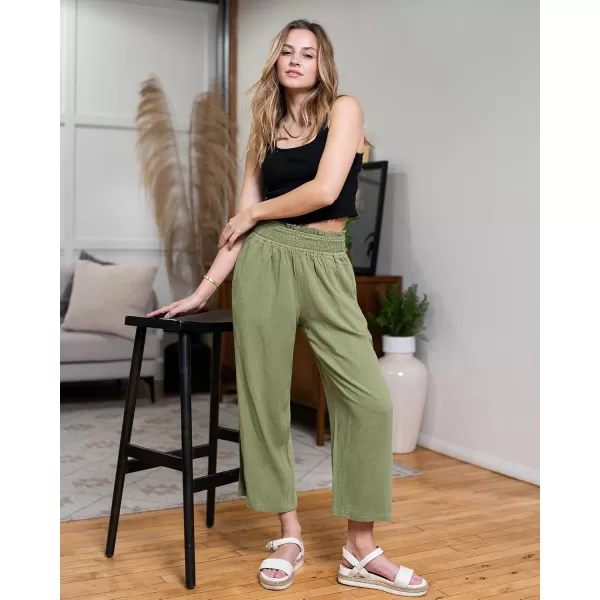 GRAPENT Capri Pants for Women High Waisted Wide Leg Linen Palazzo Trousers Pull On Elastic Smock Waist Loose Flowy PantsOlive Green