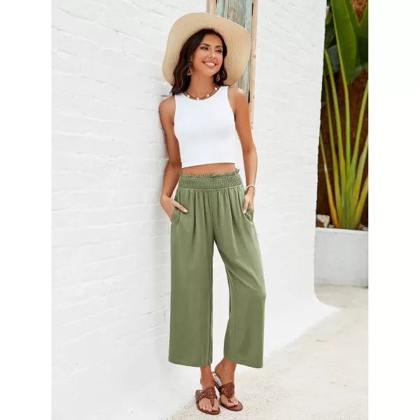 GRAPENT Capri Pants for Women High Waisted Wide Leg Linen Palazzo Trousers Pull On Elastic Smock Waist Loose Flowy PantsOlive Green