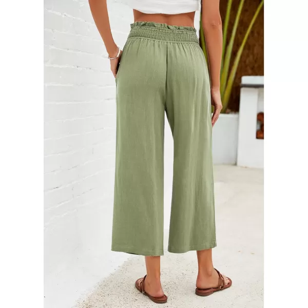 GRAPENT Capri Pants for Women High Waisted Wide Leg Linen Palazzo Trousers Pull On Elastic Smock Waist Loose Flowy PantsOlive Green