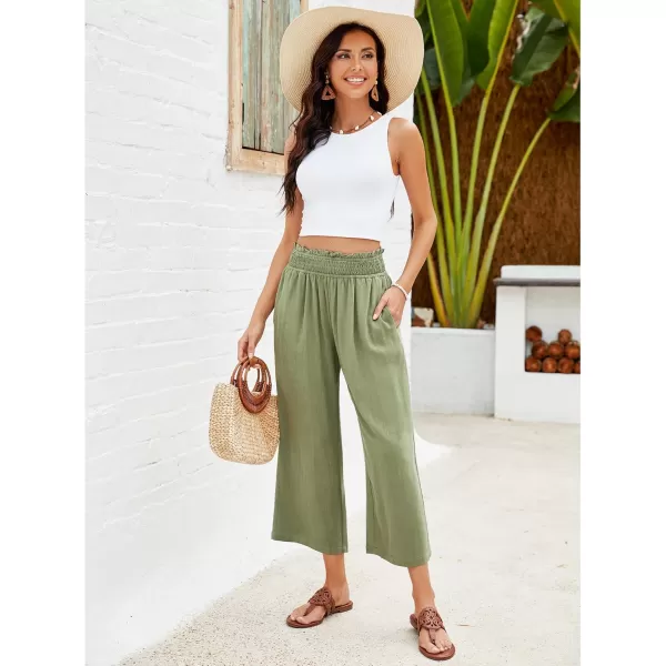 GRAPENT Capri Pants for Women High Waisted Wide Leg Linen Palazzo Trousers Pull On Elastic Smock Waist Loose Flowy PantsOlive Green