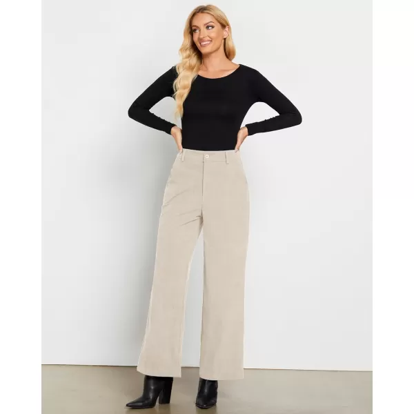 GRAPENT Corduroy Wide Leg Pants Woman High Waisted Fall Business Casual Elastic Waist Loose Trendy Trousers with PocketsBeige