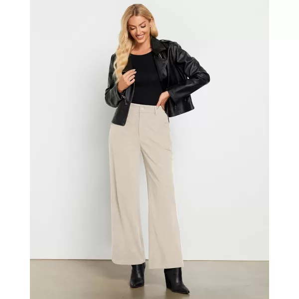 GRAPENT Corduroy Wide Leg Pants Woman High Waisted Fall Business Casual Elastic Waist Loose Trendy Trousers with PocketsBeige