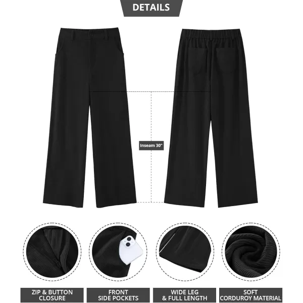 GRAPENT Corduroy Wide Leg Pants Woman High Waisted Fall Business Casual Elastic Waist Loose Trendy Trousers with PocketsBlack