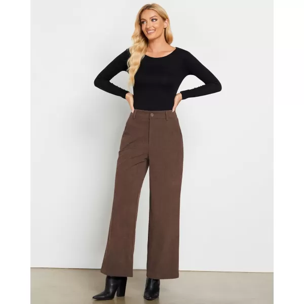 GRAPENT Corduroy Wide Leg Pants Woman High Waisted Fall Business Casual Elastic Waist Loose Trendy Trousers with PocketsBrown