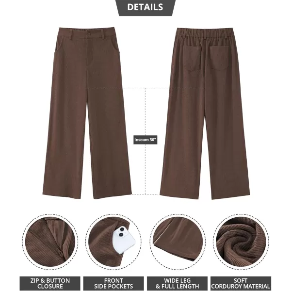 GRAPENT Corduroy Wide Leg Pants Woman High Waisted Fall Business Casual Elastic Waist Loose Trendy Trousers with PocketsBrown