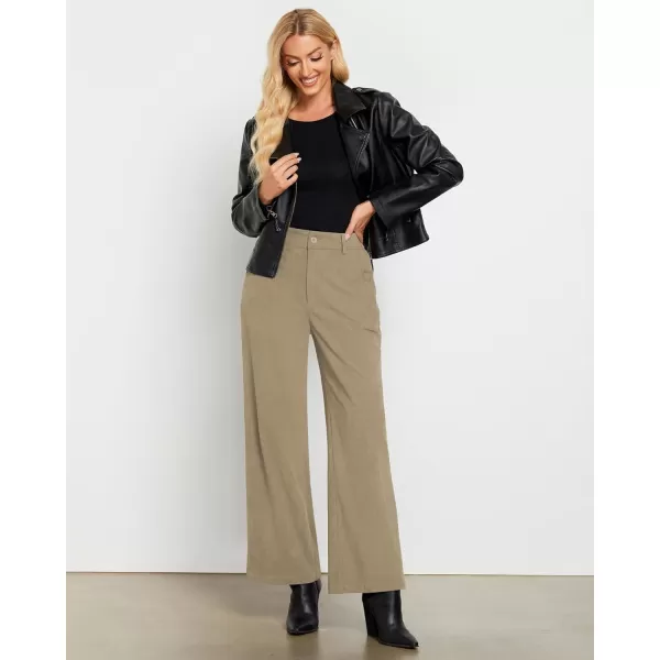 GRAPENT Corduroy Wide Leg Pants Woman High Waisted Fall Business Casual Elastic Waist Loose Trendy Trousers with PocketsKhaki