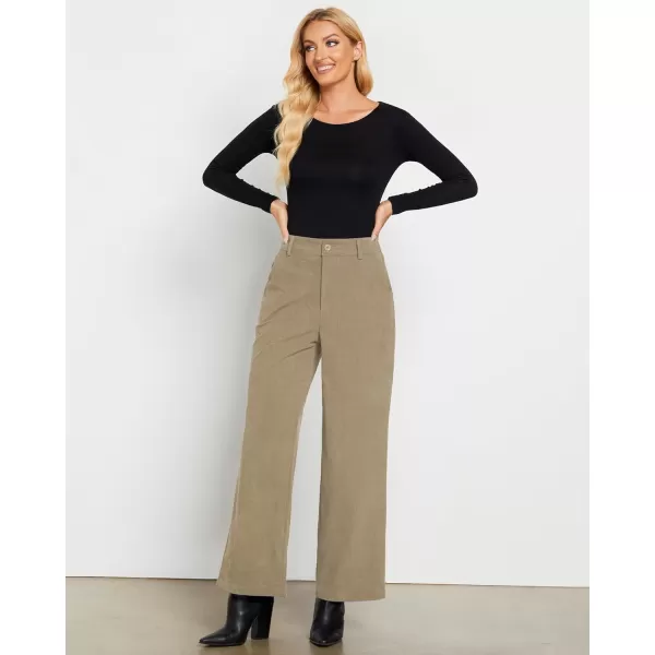 GRAPENT Corduroy Wide Leg Pants Woman High Waisted Fall Business Casual Elastic Waist Loose Trendy Trousers with PocketsKhaki