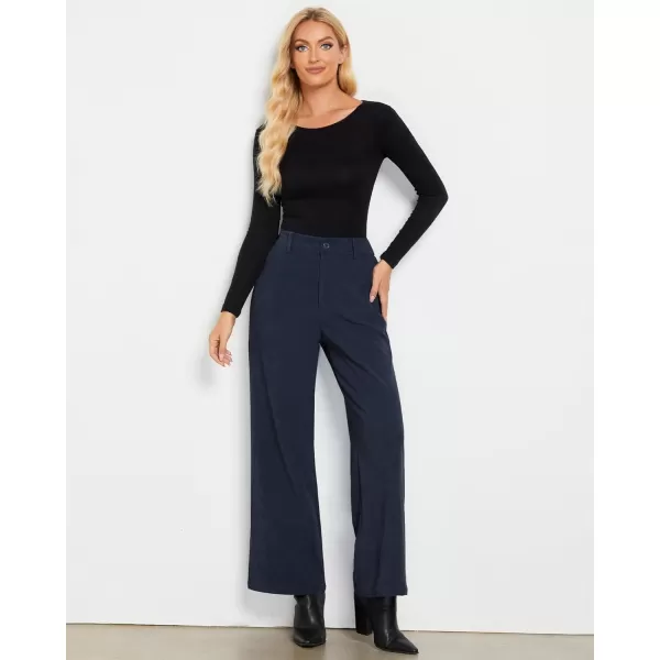 GRAPENT Corduroy Wide Leg Pants Woman High Waisted Fall Business Casual Elastic Waist Loose Trendy Trousers with PocketsNavy Blue