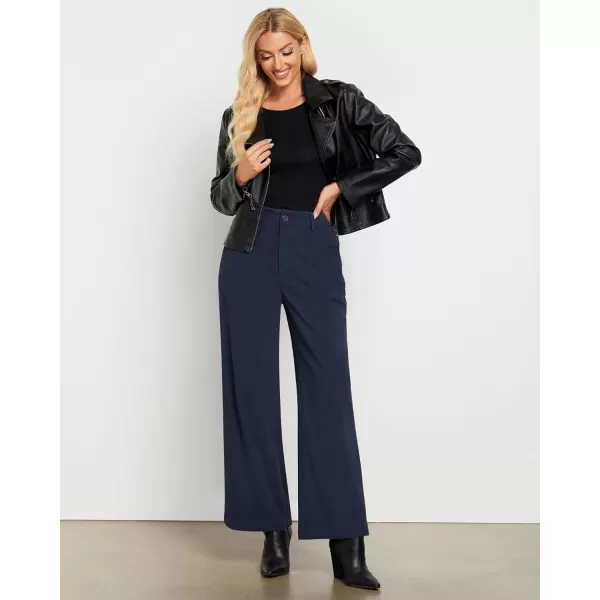 GRAPENT Corduroy Wide Leg Pants Woman High Waisted Fall Business Casual Elastic Waist Loose Trendy Trousers with PocketsNavy Blue