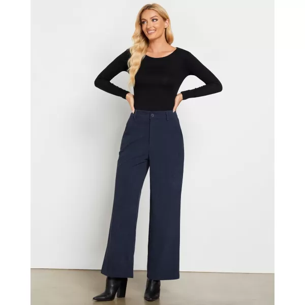 GRAPENT Corduroy Wide Leg Pants Woman High Waisted Fall Business Casual Elastic Waist Loose Trendy Trousers with PocketsNavy Blue
