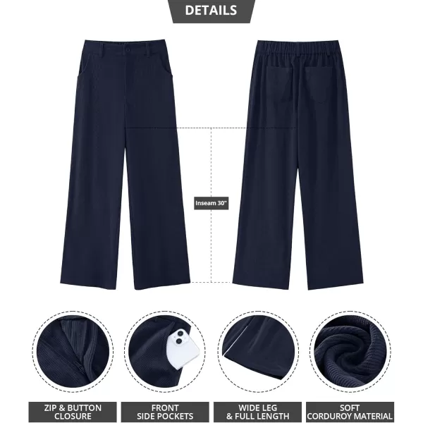 GRAPENT Corduroy Wide Leg Pants Woman High Waisted Fall Business Casual Elastic Waist Loose Trendy Trousers with PocketsNavy Blue