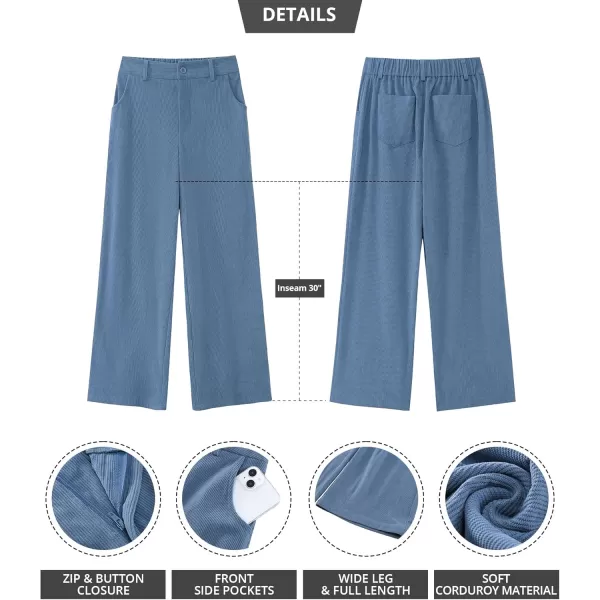 GRAPENT Corduroy Wide Leg Pants Woman High Waisted Fall Business Casual Elastic Waist Loose Trendy Trousers with PocketsWindward Blue