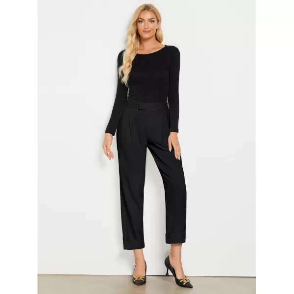 GRAPENT Cropped Pants for Women High Waisted Business Causal Pleated Elastic Waist Cuffed Hem Work Trousers Fall Dress PantsBlack