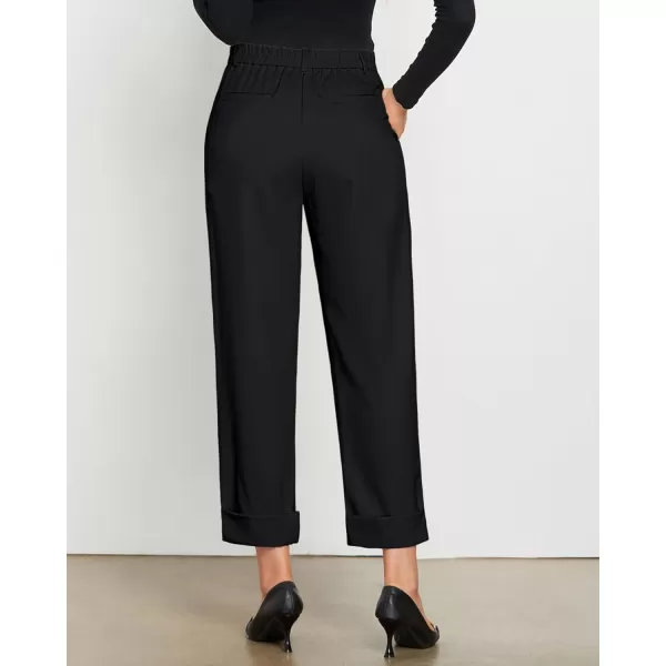 GRAPENT Cropped Pants for Women High Waisted Business Causal Pleated Elastic Waist Cuffed Hem Work Trousers Fall Dress PantsBlack
