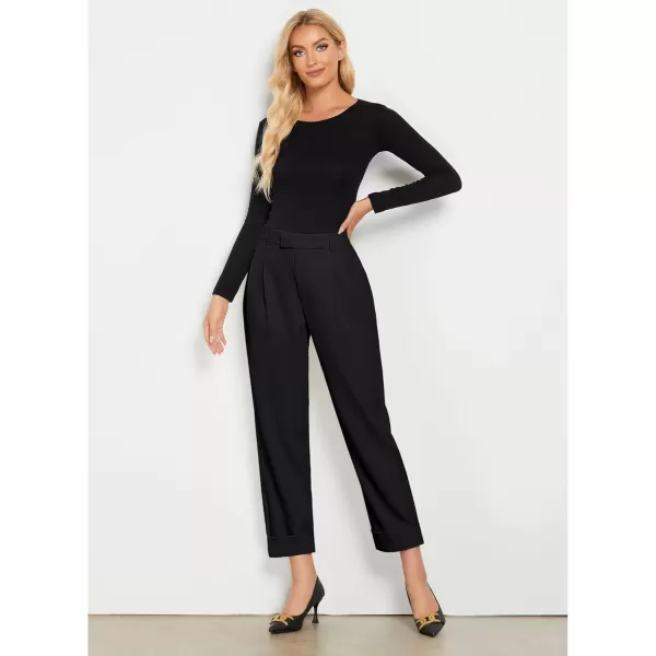 GRAPENT Cropped Pants for Women High Waisted Business Causal Pleated Elastic Waist Cuffed Hem Work Trousers Fall Dress PantsBlack