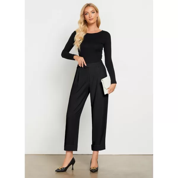 GRAPENT Cropped Pants for Women High Waisted Business Causal Pleated Elastic Waist Cuffed Hem Work Trousers Fall Dress PantsBlack