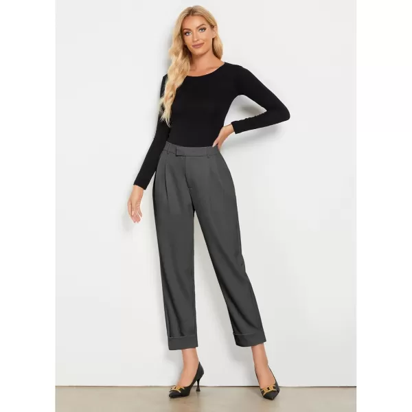 GRAPENT Cropped Pants for Women High Waisted Business Causal Pleated Elastic Waist Cuffed Hem Work Trousers Fall Dress PantsDark Gray