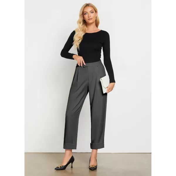 GRAPENT Cropped Pants for Women High Waisted Business Causal Pleated Elastic Waist Cuffed Hem Work Trousers Fall Dress PantsDark Gray