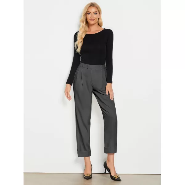 GRAPENT Cropped Pants for Women High Waisted Business Causal Pleated Elastic Waist Cuffed Hem Work Trousers Fall Dress PantsDark Gray