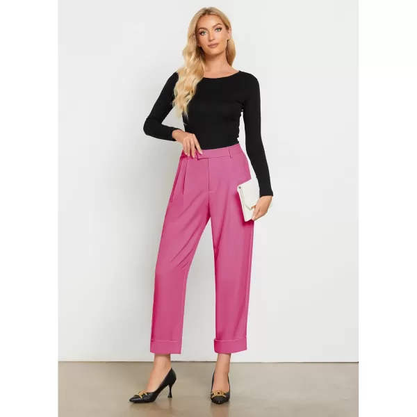 GRAPENT Cropped Pants for Women High Waisted Business Causal Pleated Elastic Waist Cuffed Hem Work Trousers Fall Dress PantsHot Pink
