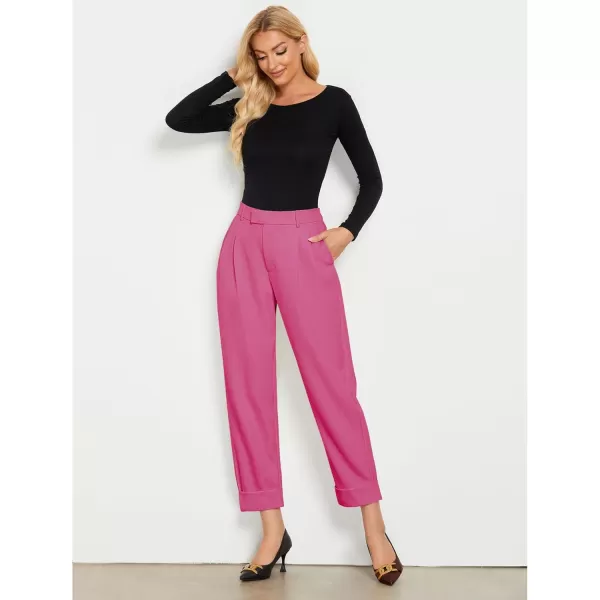 GRAPENT Cropped Pants for Women High Waisted Business Causal Pleated Elastic Waist Cuffed Hem Work Trousers Fall Dress PantsHot Pink