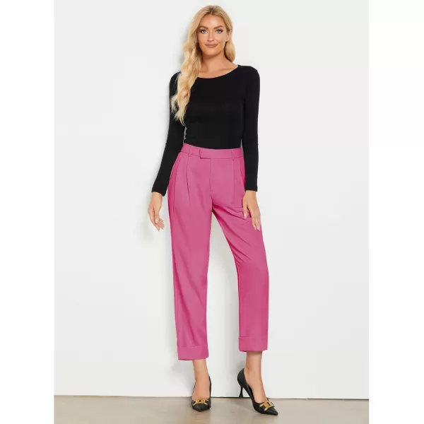 GRAPENT Cropped Pants for Women High Waisted Business Causal Pleated Elastic Waist Cuffed Hem Work Trousers Fall Dress PantsHot Pink