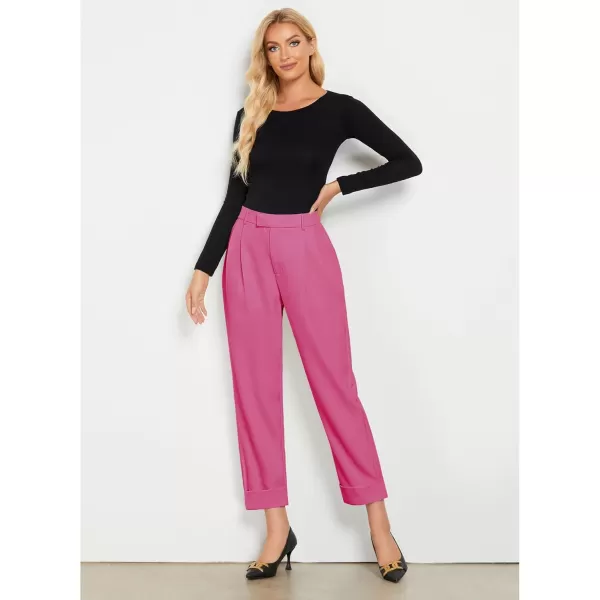 GRAPENT Cropped Pants for Women High Waisted Business Causal Pleated Elastic Waist Cuffed Hem Work Trousers Fall Dress PantsHot Pink