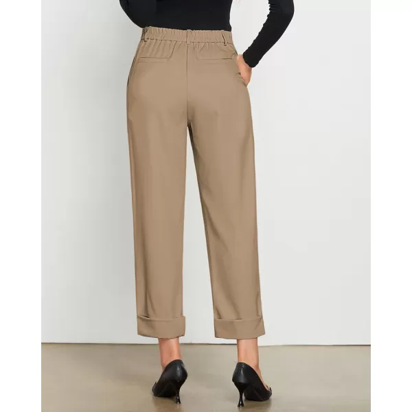 GRAPENT Cropped Pants for Women High Waisted Business Causal Pleated Elastic Waist Cuffed Hem Work Trousers Fall Dress PantsKhaki