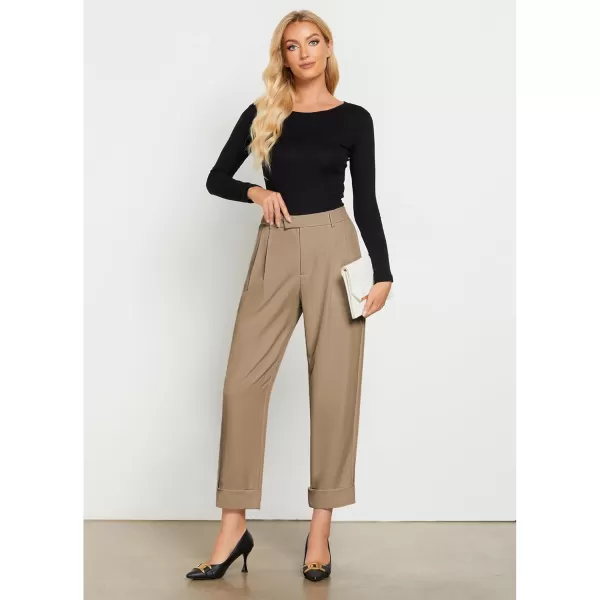 GRAPENT Cropped Pants for Women High Waisted Business Causal Pleated Elastic Waist Cuffed Hem Work Trousers Fall Dress PantsKhaki