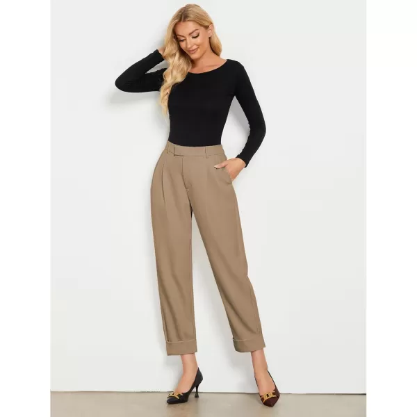 GRAPENT Cropped Pants for Women High Waisted Business Causal Pleated Elastic Waist Cuffed Hem Work Trousers Fall Dress PantsKhaki