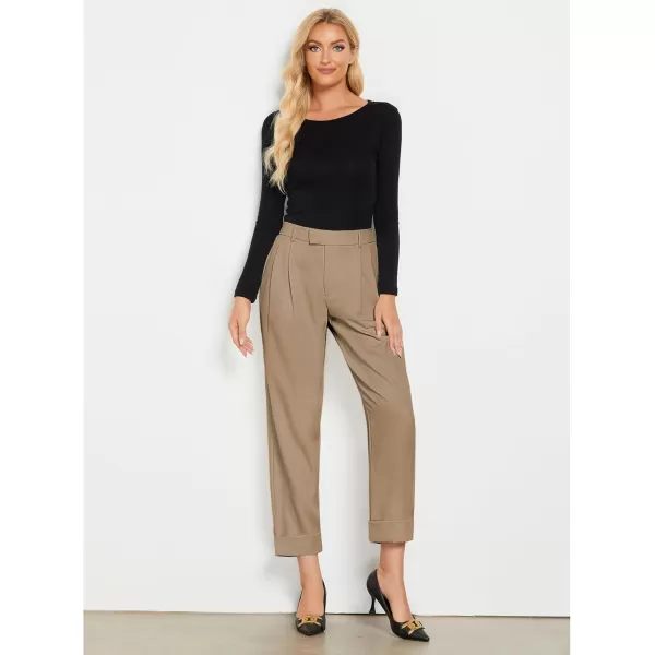 GRAPENT Cropped Pants for Women High Waisted Business Causal Pleated Elastic Waist Cuffed Hem Work Trousers Fall Dress PantsKhaki