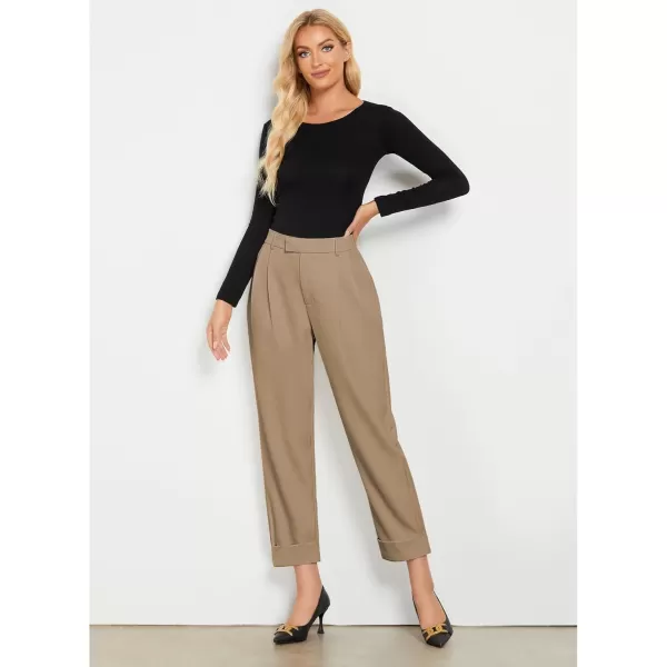 GRAPENT Cropped Pants for Women High Waisted Business Causal Pleated Elastic Waist Cuffed Hem Work Trousers Fall Dress PantsKhaki