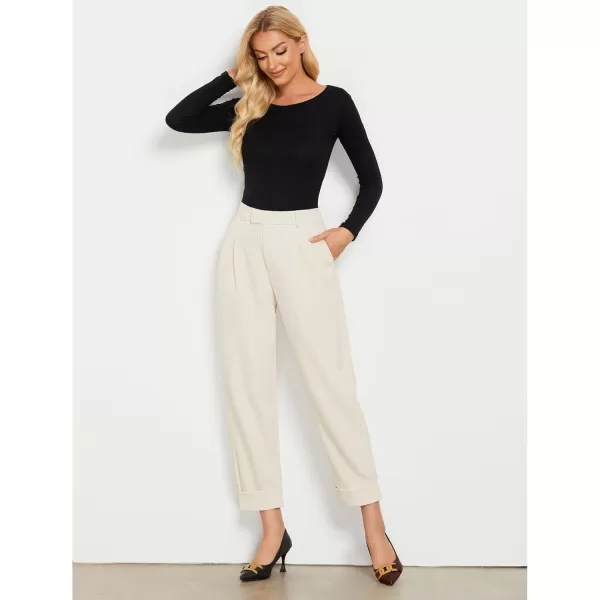 GRAPENT Cropped Pants for Women High Waisted Business Causal Pleated Elastic Waist Cuffed Hem Work Trousers Fall Dress PantsLight Beige