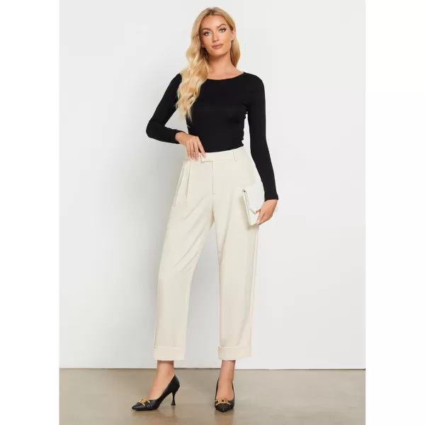 GRAPENT Cropped Pants for Women High Waisted Business Causal Pleated Elastic Waist Cuffed Hem Work Trousers Fall Dress PantsLight Beige