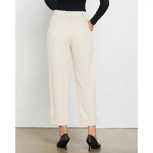 GRAPENT Cropped Pants for Women High Waisted Business Causal Pleated Elastic Waist Cuffed Hem Work Trousers Fall Dress PantsLight Beige