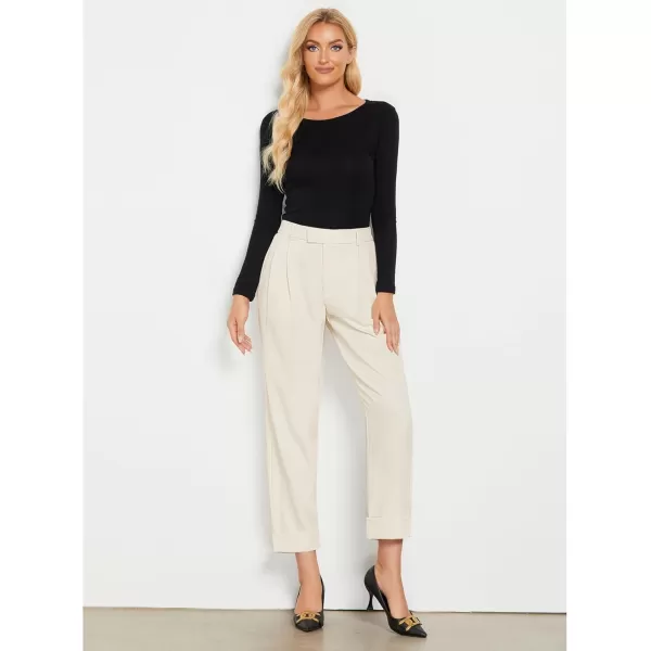 GRAPENT Cropped Pants for Women High Waisted Business Causal Pleated Elastic Waist Cuffed Hem Work Trousers Fall Dress PantsLight Beige