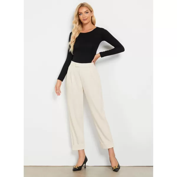GRAPENT Cropped Pants for Women High Waisted Business Causal Pleated Elastic Waist Cuffed Hem Work Trousers Fall Dress PantsLight Beige